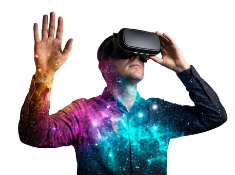 A man in VR headset experiencing cosmic visual effects, blending reality and imagination.