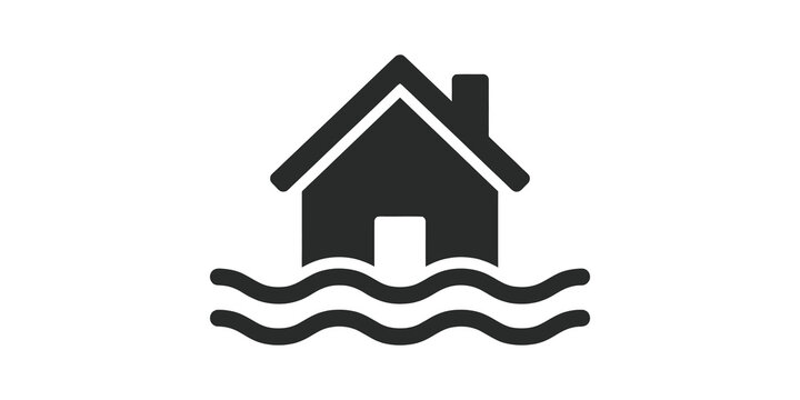 Black outline house in flood icon isolated on transparent background.
