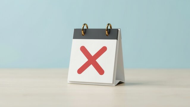 A small desk calendar marked with a red cross stands on a wooden table. Useful for event cancellation and deadline concepts.