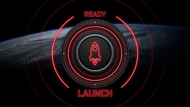 Glowing red futuristic launch button with rocket icon displays over Earth from space. Ideal for startup launch and space exploration concepts.