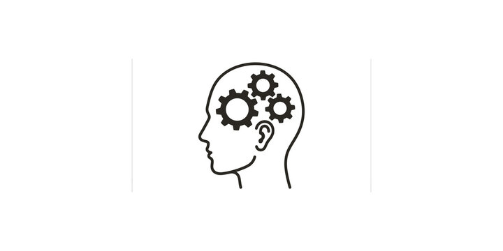 Gear machine head profile icon dark grey symbol for critical thinking AI.