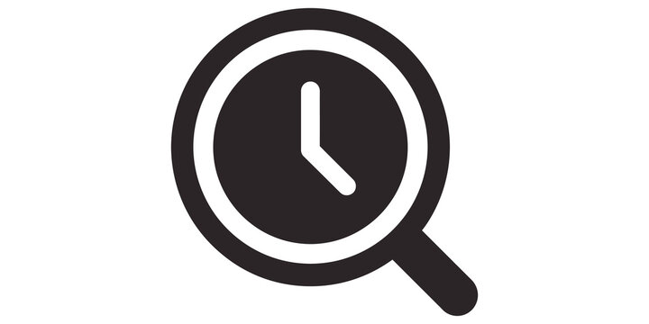 Clock inside magnifying glass icon symbol for precise time tracking web.