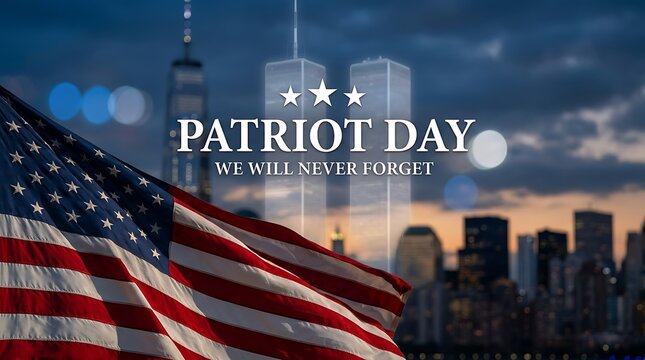 Patriot day we will never forget american flag waving downtown city skyline with twin towers silhouette at dusk remembrance patriotic occasion national tribute.