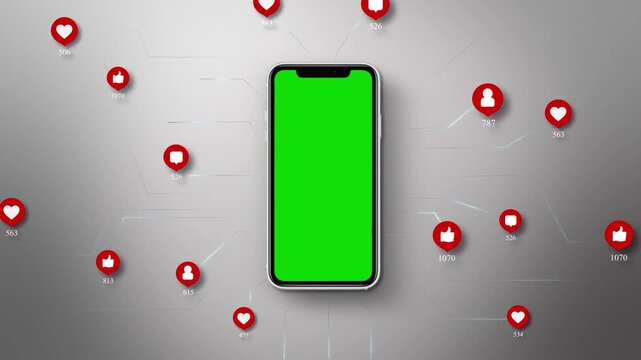 3D animation of smartphone with green screen surrounded by social media engagement icons, likes, comments and followers on digital network.