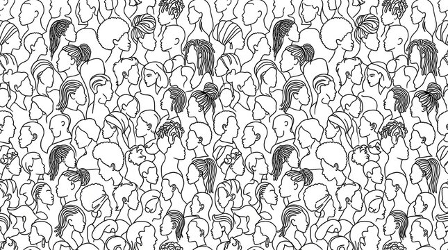 Seamless Pattern of Diverse People Profiles in Minimalist Line Art Style for Inclusion and Diversity Concepts