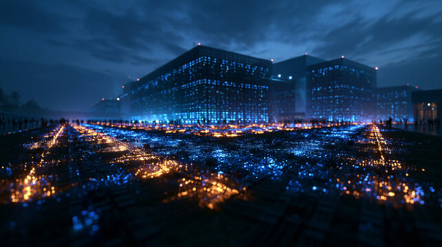 Futuristic Smart City and Data Center Grid at Night