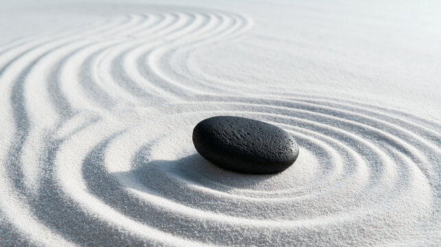 Zen Garden with Black Pebble and Raked White Sand