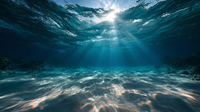 Sunlight Rays Shining Through Clear Blue Ocean Water Underwater