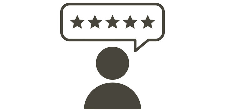 Customer review rating icon with five stars and person speech bubble.