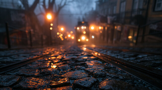 Vintage Tram on Wet Cobblestone Street at Night