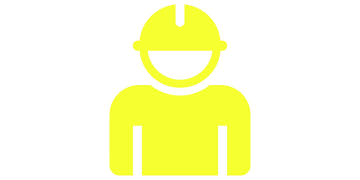 Vibrant yellow construction worker icon wearing hard hat for industrial use.