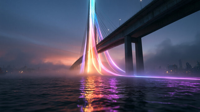 Modern Bridge with Glowing Digital Light Trails at Night