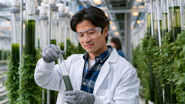 Algae cultivation research greenhouse at a coastal university, rows of transparent tubular photobioreactor coils glow with dense microalgae growth, a graduate student in gloves