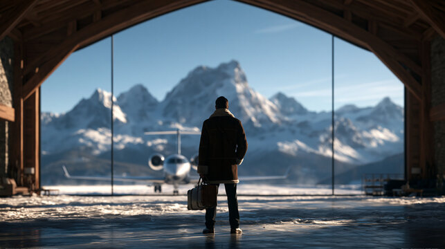 Man with Luggage Looking at Private Jet in Snowy Mountains