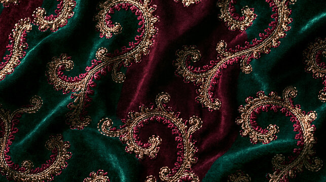 Luxurious Velvet Fabric with Golden Ornate Embroidery Background