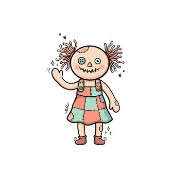 Cute rag doll character with stitched mouth and button eye waving hand in a patchwork dress for childrens storybook and playful