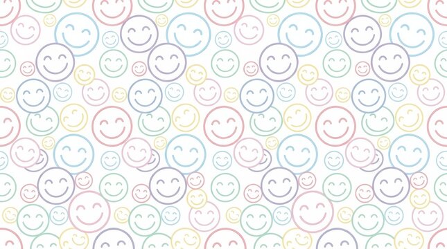 Seamless Pattern of Colorful Pastel Smiley Faces on White Background for Commercial Design and Backgrounds