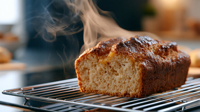 smoke wisp dark background rising from traditional honey cake cooling on wire rack in modest home kitchen during Rosh Hashanah preparation with grandmother and grandchild process
