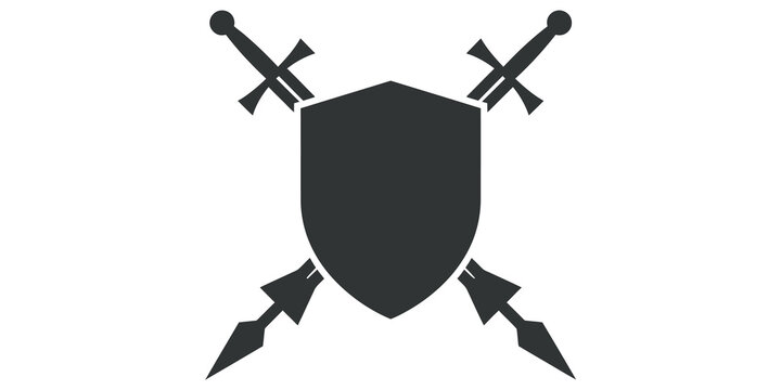 Shield with crossed swords icon grey vector for gaming or heraldry crest.