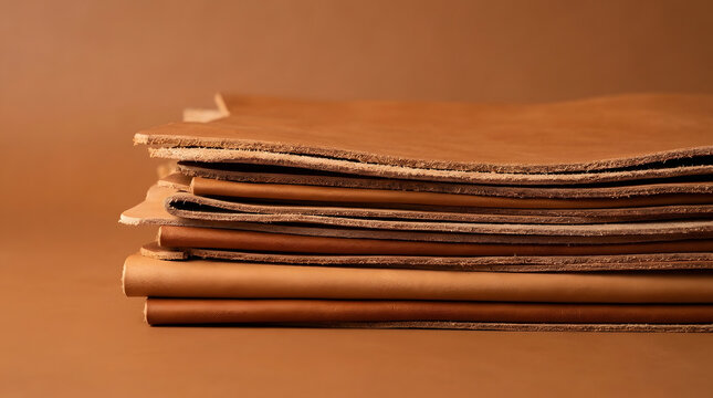 Stack of high quality brown leather sheets showing rustic textures and natural edges photographed against a matching solid color background