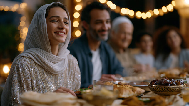 Three generations of a Middle Eastern family gathered around a long tablecloth spread on a living room floor loaded with steaming dishes, stacked flatbreads, and decorative bowls