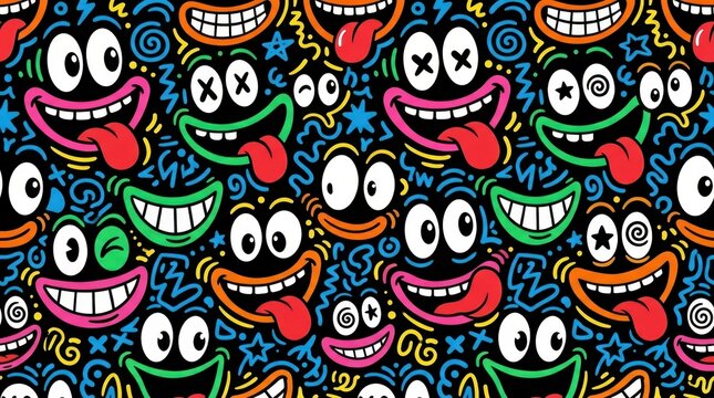 Colorful Seamless Pattern of Crazy Cartoon Faces and Doodles on Black Background for Street Art Style Design