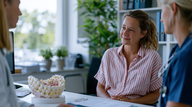 Woman in her late thirties seated in a uterine prolapse specialist office, a pelvic model on the desk between doctor and patient, the woman's posture guarded but attentive as she