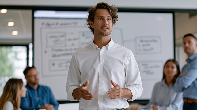 Adaptive learning AI personalized recommendation engine wireframe sketched on whiteboard by instructional designer standing beside edtech startup team in sparse conference room,