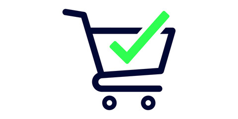 Shopping cart with a green check mark success purchase icon. © Naibullah