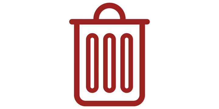 Red trash bin outline icon for delete function and waste management.