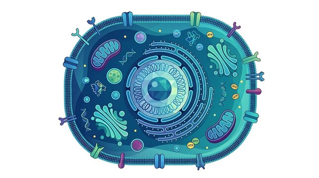 Vector illustration of a detailed eukaryotic cell anatomy, showing internal organelles like the nucleus and mitochondria in vibrant blue tones for science and biology concepts
