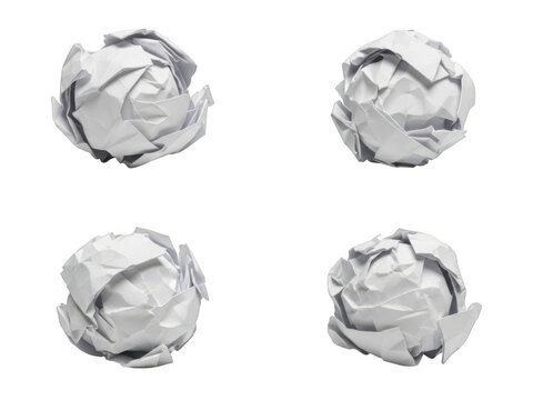 Four white crumpled paper balls isolated on white background