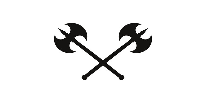 Two crossed battle axes with sharp blades isolated on transparent.