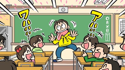 Boy making funny face and classmates laughing