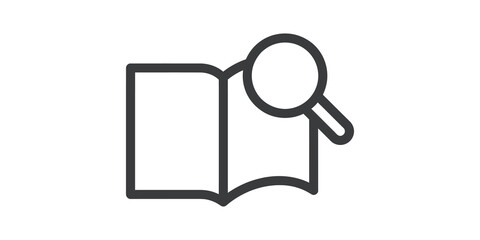 Open book with magnifying glass icon for research and content searching.