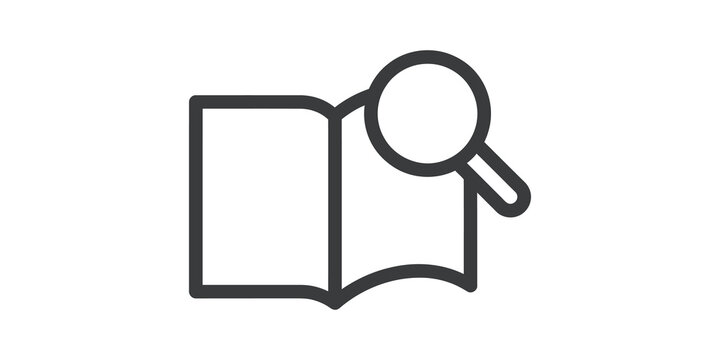 Open book with magnifying glass icon for research and content searching.