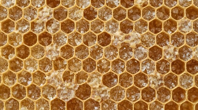 Natural honeycomb texture with crystallized honey, golden bee wax hexagonal cells, organic sweet food background
