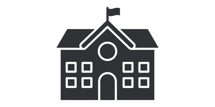 Classic gray school building icon with flag for education related graphics.