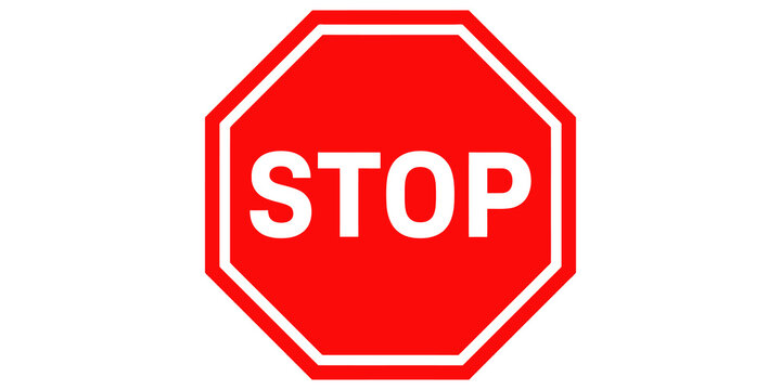 Red octagon stop sign symbol with white outline and text overlaying.