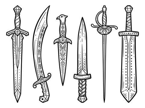 Folk art sword collection, hand drawn doodle blades, ornate daggers and rapier, vector set