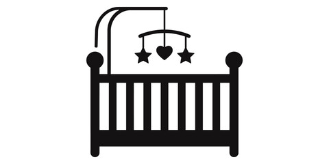 Baby crib with hanging mobile decor for nursery and childhood interior.