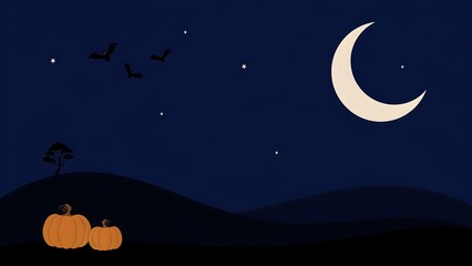 Naklejka premium Spooky halloween night scene with pumpkins silhouetted under a crescent moon
