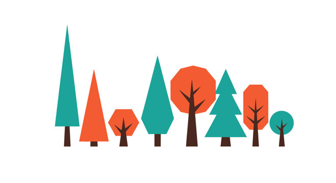 Colorful illustration of trees in various shapes with graphic illustration multiple trees different shapes shapes sizes flat design environment