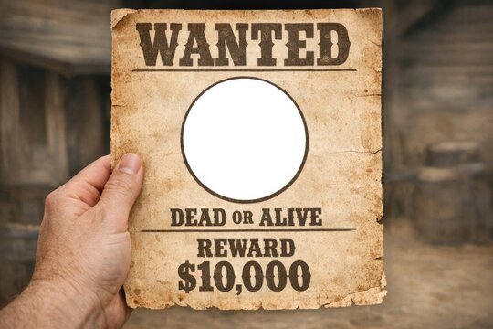 A person holds up a wanted poster with details about a suspect
