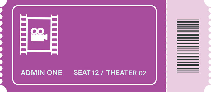 A purple movie theater ticket with barcode isolated on transparent background. Cinema admission pass for film industry promotions and artistic events.