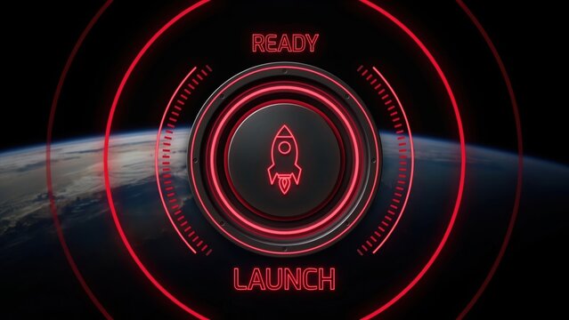 Glowing red launch button with rocket icon floating in orbit above planet Earth. Business startup concept for technology and innovation projects.