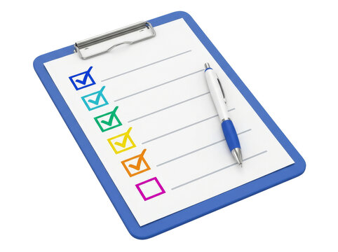 A blue clipboard holds a checklist with colorful checkboxes and a pen.