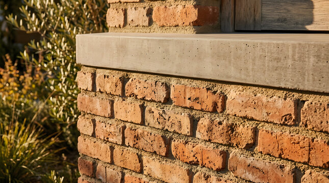 Weathered red brick wall corner with smooth concrete ledge illuminated by golden hour sunlight captured in this detailed architectural photo