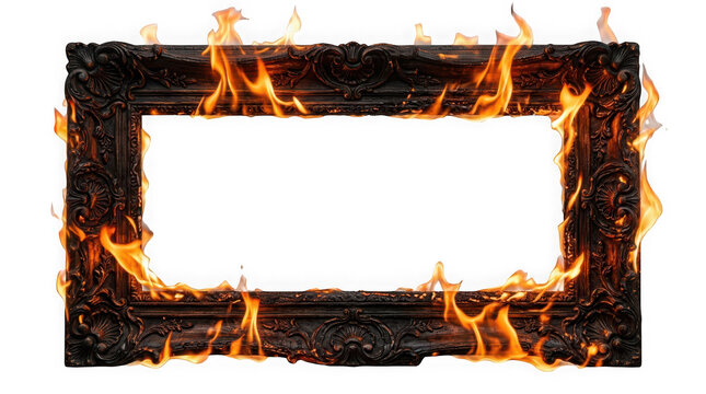 Fiery and burning old vintage picture frame isolated on transparent background