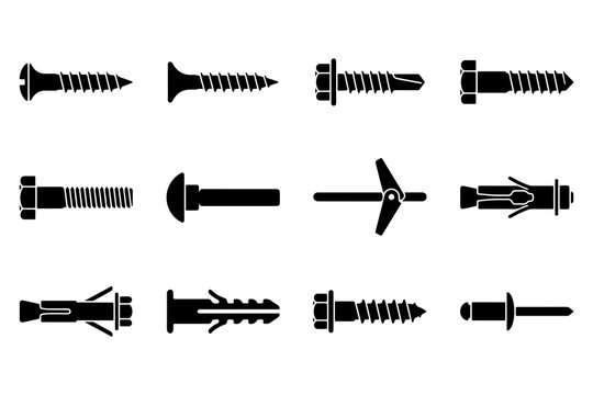 Industrial Screws Bolts Rivets and Wall Anchors Hardware Fasteners Vector Icon Set